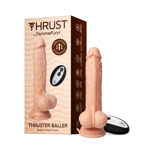 nude FemmeFunn Thruster Baller dildo with remote and retail box