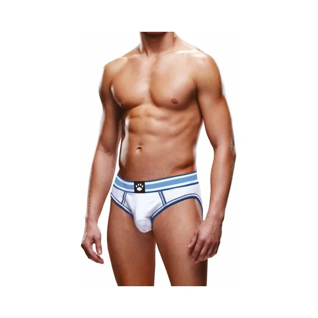 Front view of white Prowler brief with blue trim size XL