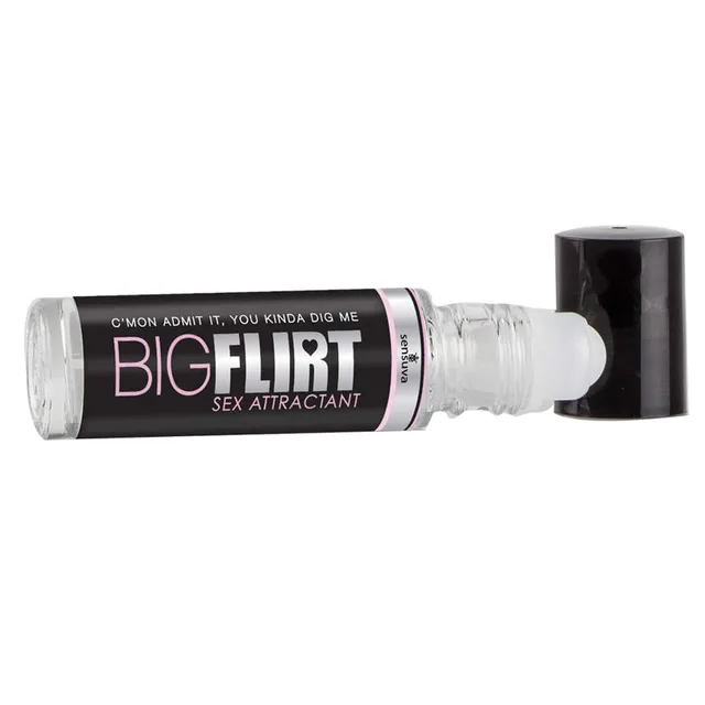 Sensuva Big Flirt Roll-On clear glass roller bottle lying beside black cap