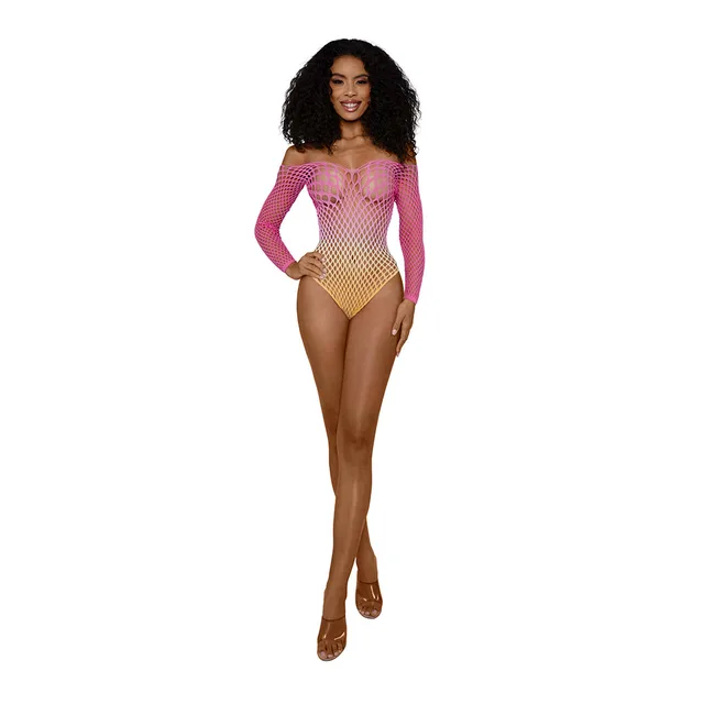 Dreamgirl Tropical Peach ombre net bodystocking front full-length model view