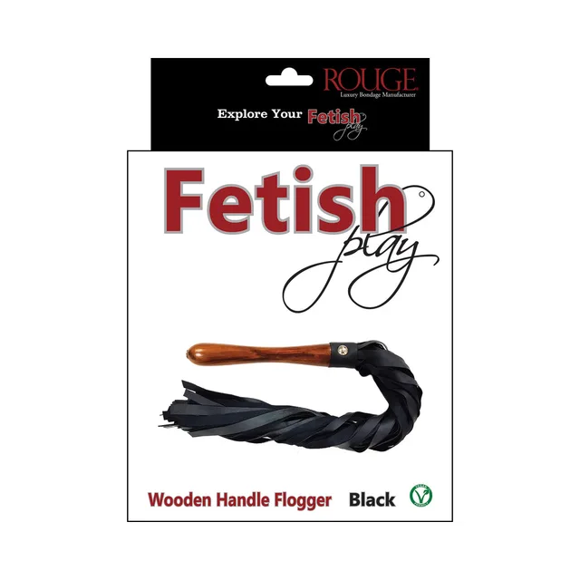 Black Rouge Fetish Play vegan-leather flogger with polished wooden handle