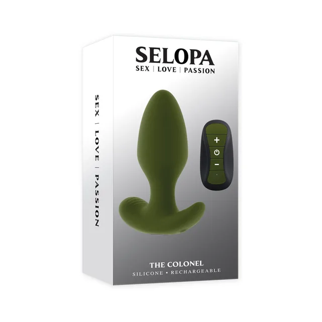 Selopa The Colonel green vibrating plug pictured on white retail box