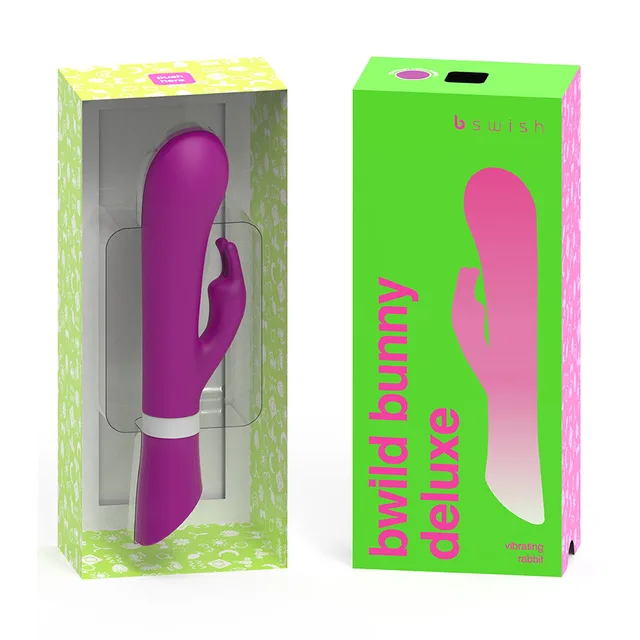 purple B Swish Bwild Deluxe Bunny vibrator in green and pink window box