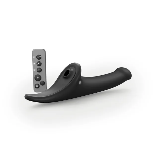Angled view of black Strap-On-Me dildo with six-button remote