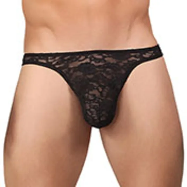 Male Power Bong Thong L XL model wearing black floral lace thong