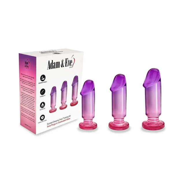 Three ombre Adam and Eve Sunset Dreams plugs displayed beside white box