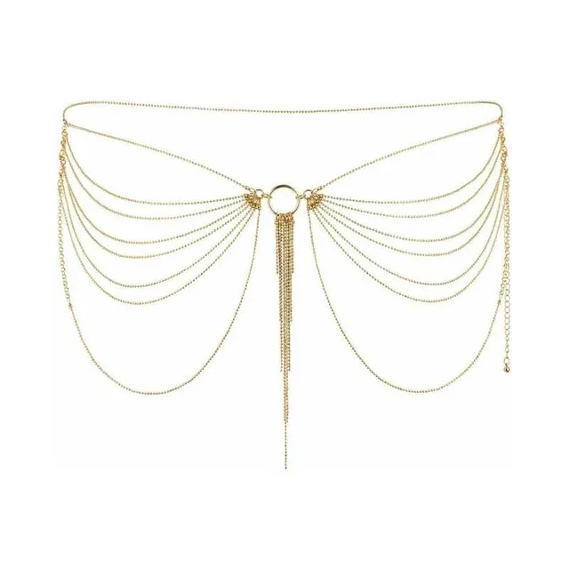 gold Magnifique waist jewelry with layered side chains center rings and hanging tassels