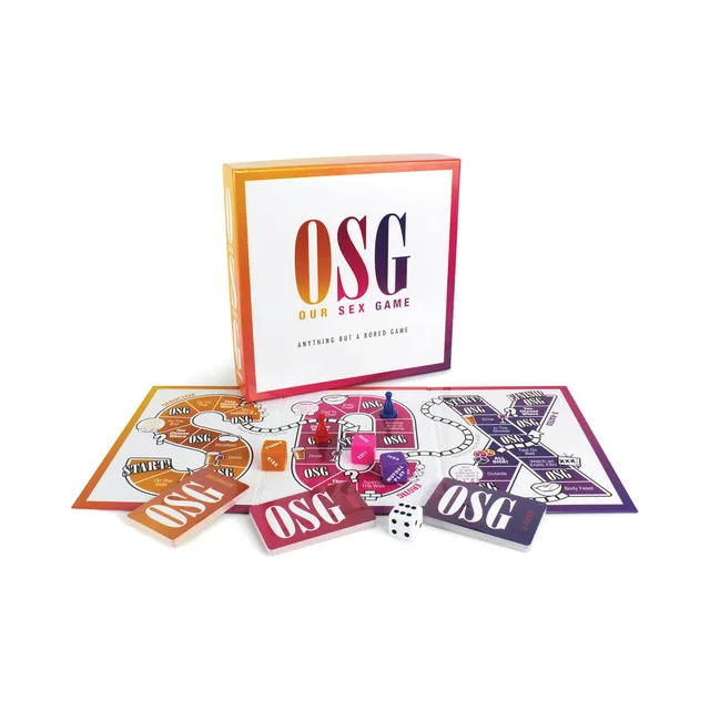 Our Sex Game open box with multicolor board cards dice and pieces