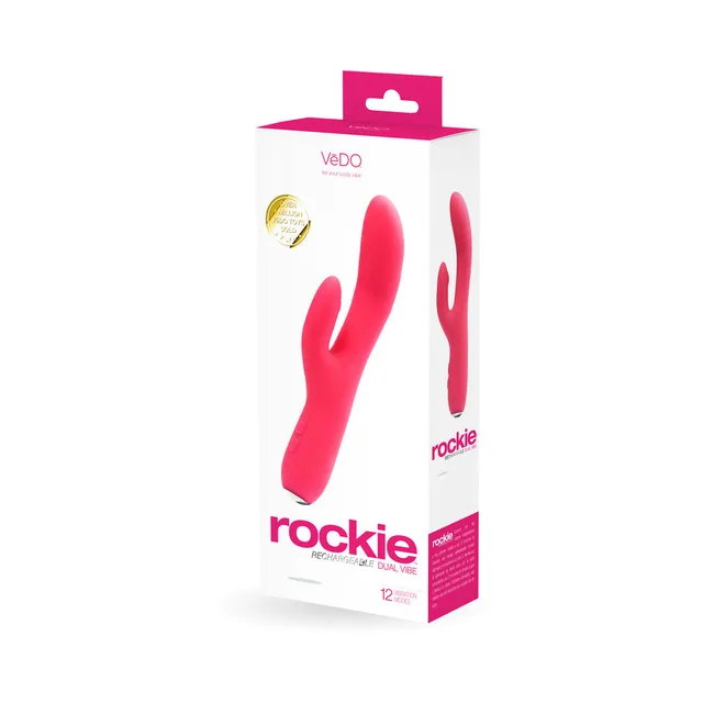 Foxy pink VeDO Rockie dual vibrator with angled retail carton