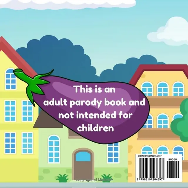 Back cover of Evan's Eggplant showing shows an eggplant graphic above a neighborhood scene