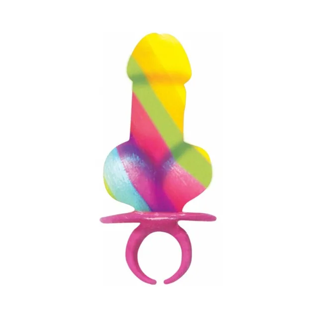 Unwrapped rainbow striped novelty candy with pink loop handle