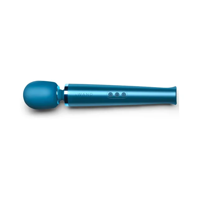 Horizontal view of blue Le Wand and three control buttons
