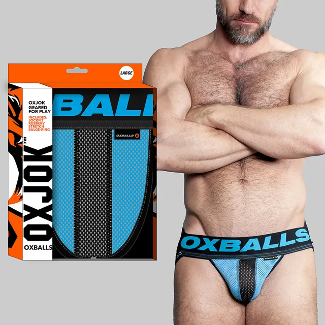 Oxballs Oxjok sky-blue airmesh jock size L product package beside front modeled view