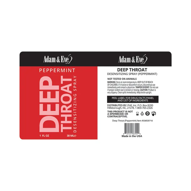 Front and rear labels for Adam and Eve Peppermint Deep Throat Spray