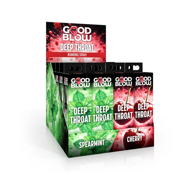 XR Brands Good Blow 24-piece oral spray carton front-left view with rows of red and green boxes