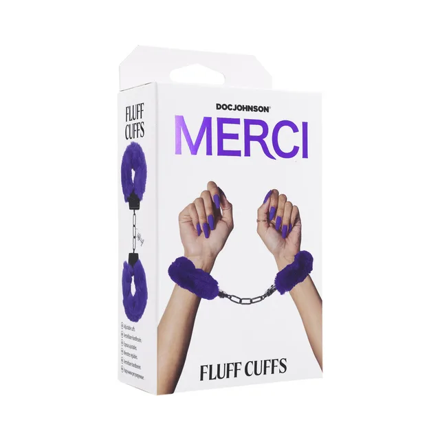 Merci violet faux-fur metal Fluff Cuffs pictured on white retail box