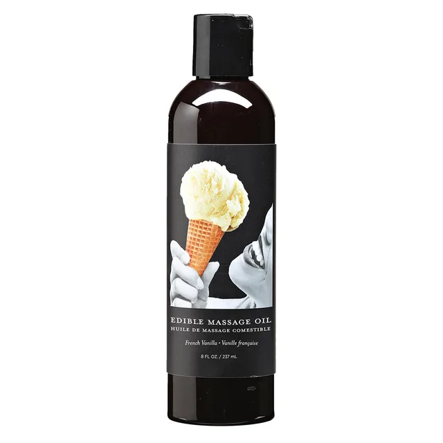 Earthly Body Vanilla dark massage oil bottle with ice cream label