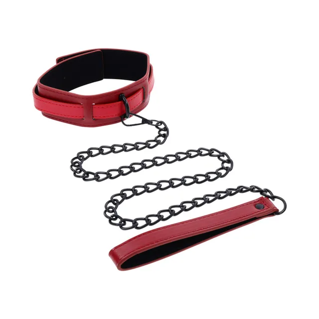 Red padded collar and black chain leash laid out with matching wrist loop