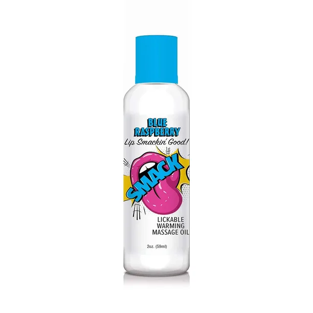 Smack Blue Raspberry massage oil in clear bottle with blue cap