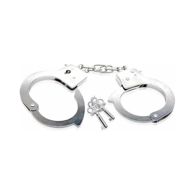 Silver-tone metal cuffs with short chain and two keys