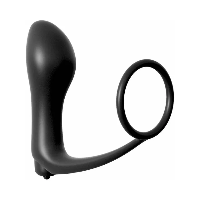 Anal Fantasy Black Vibrating Plug and Ring angled product view with oval plug and ring