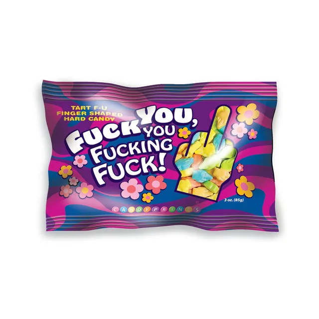 Striped 3 oz Fuck You candy bag with finger-shaped pieces