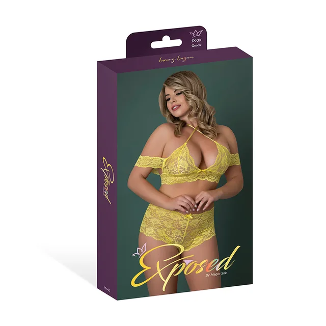 Magic Silk yellow Bardot top and boyshort Queen displayed in purple retail packaging