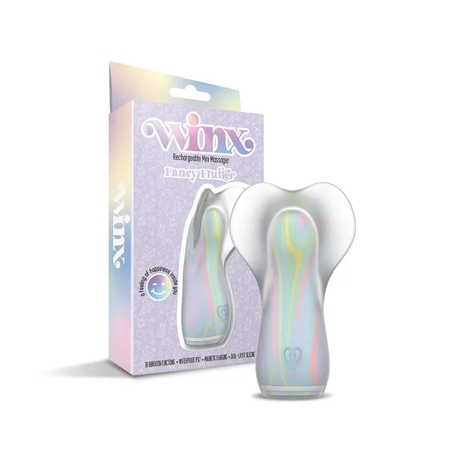 Pastel WINX Fancy Flutter butterfly vibrator displayed beside retail box