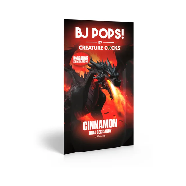 Creature Cocks BJ Pops Cinnamon black packet with red dragon, flames and cinnamon flavor label