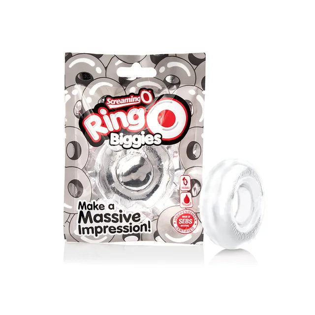 Screaming O RingO Biggies Clear Ring clear thick ring beside silver patterned package
