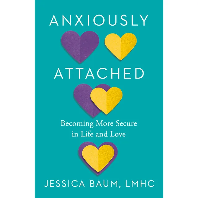 teal Anxiously Attached book cover with purple and yellow paper hearts