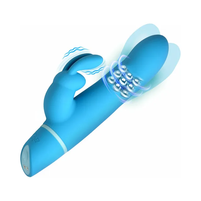 BANG blue silicone rabbit vibrator diagonal view with raised tip beads