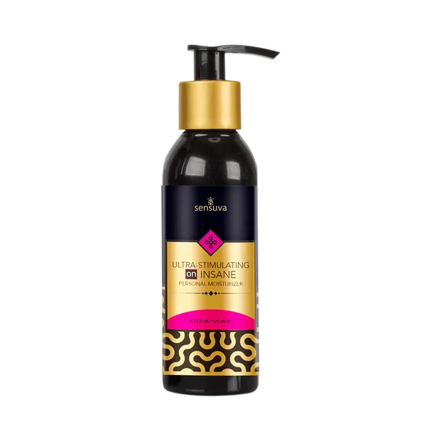 Sensuva ON Insane Personal Moisturizer black pump bottle with gold collar and coral label