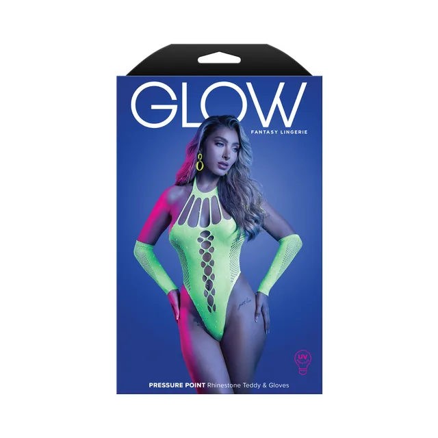 Model wearing green Pressure Point rhinestone teddy and gloves on box