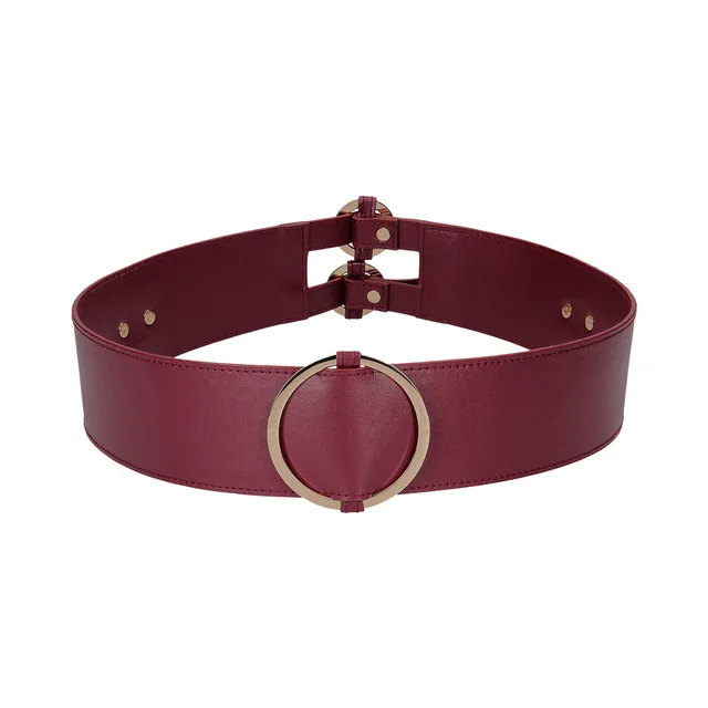 Burgundy leather Halo belt with large gold-tone center ring