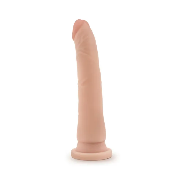 Upright beige Dr. Skin dildo with rounded tip and base