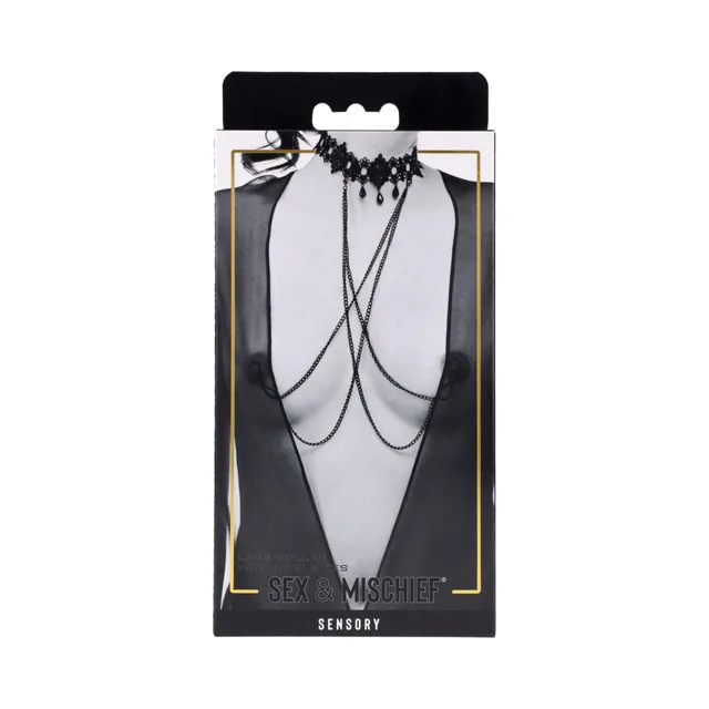 Sportsheets black ornate lace collar with dangling stones and chain ties in package