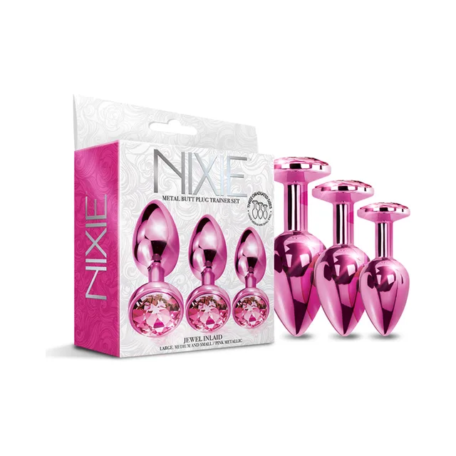 Nixie pink metallic three-piece plug set beside retail box