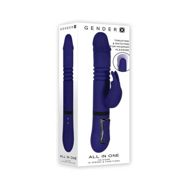 Purple Gender X All In One rabbit vibrator beside white box