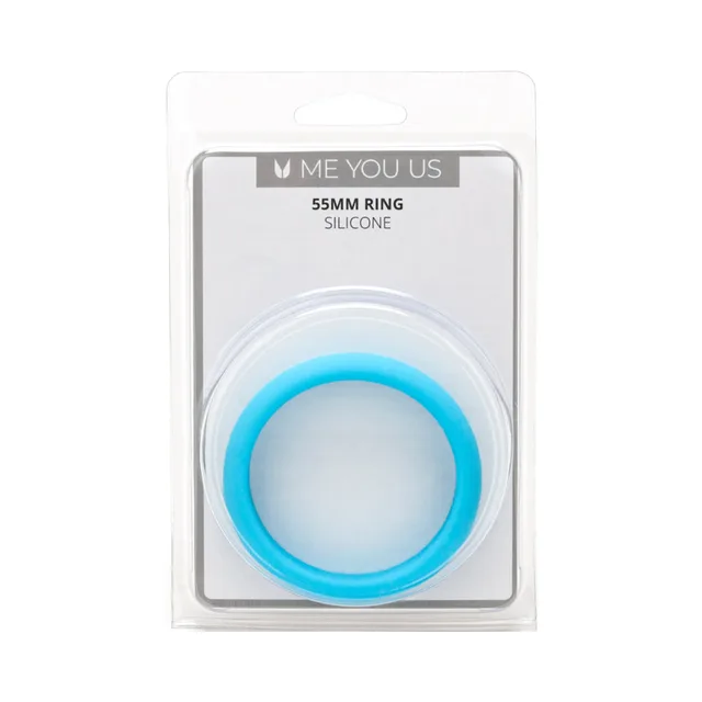 Me You Us blue 55 mm silicone ring centered in clear round blister with 55MM label