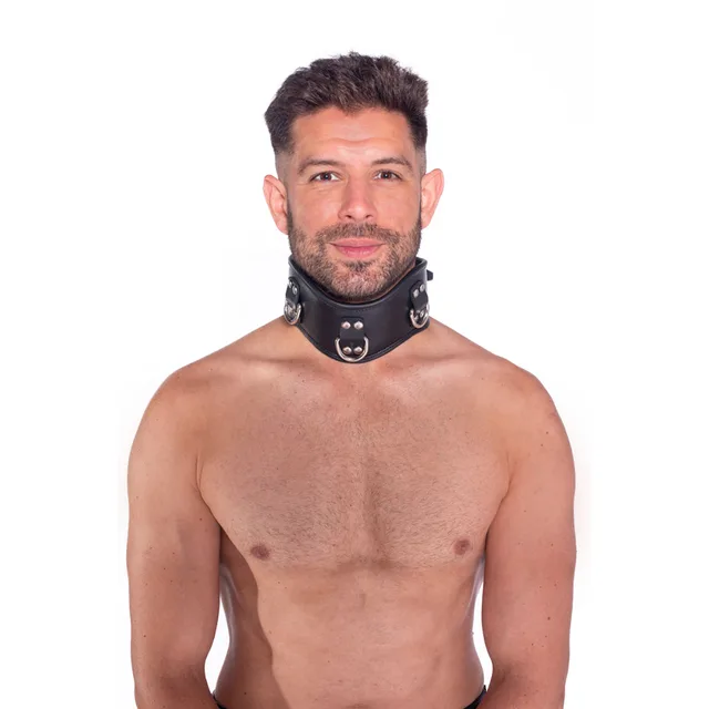 Front view of Prowler RED S/M black posture collar worn