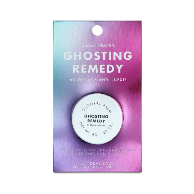 Ghosting Remedy clitoral balm jar mounted on a pale pink and blue retail card