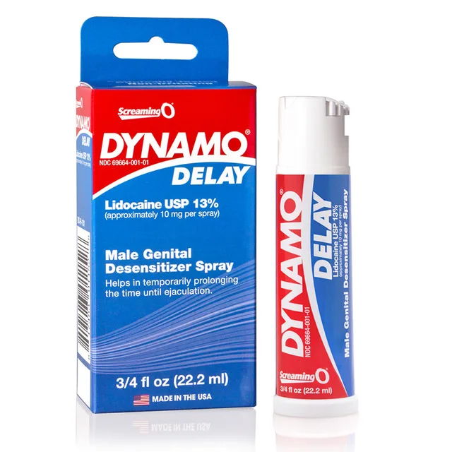 Screaming O Dynamo 0.75 oz Spray white pump bottle beside red and blue carton