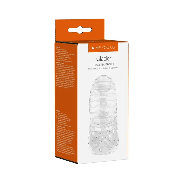clear Me You Us Glacier dual-ended stroker with ribbed and nubbed sections on box