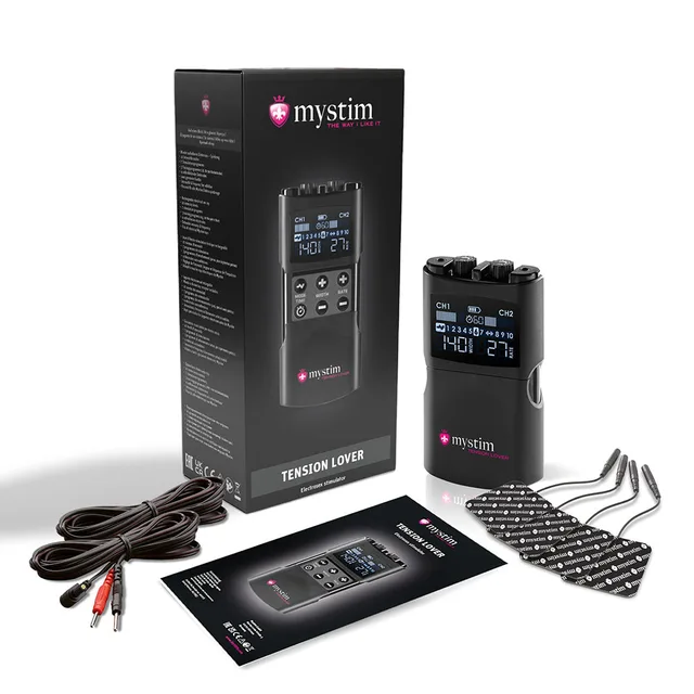 Mystim Tension Lover 2 controller with box, cables, pads and instruction booklet
