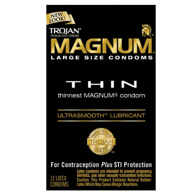 Black-and-gold Trojan Magnum Thin large condom 12-pack box