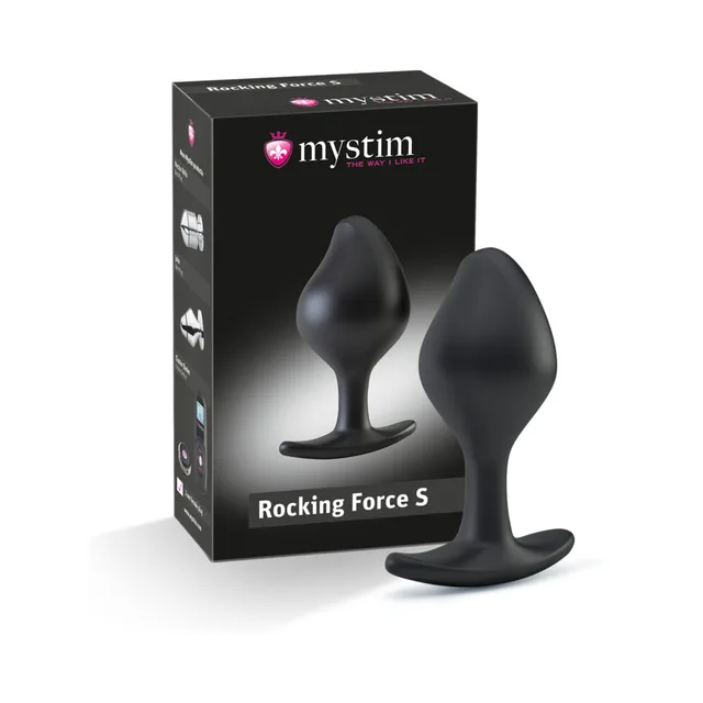 small black Mystim Rocking Force plug with tapered body and wide curved base beside box