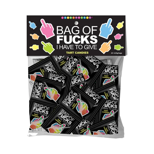 Clear bag containing 25 black Bag of Fucks candy mini packs