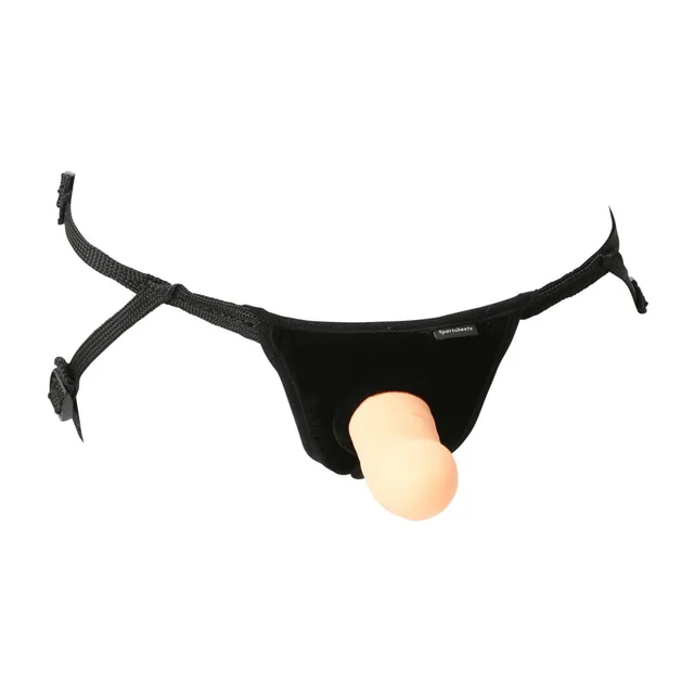 Sportsheets Everlaster Wishbone black adjustable harness fitted with beige hollow dildo