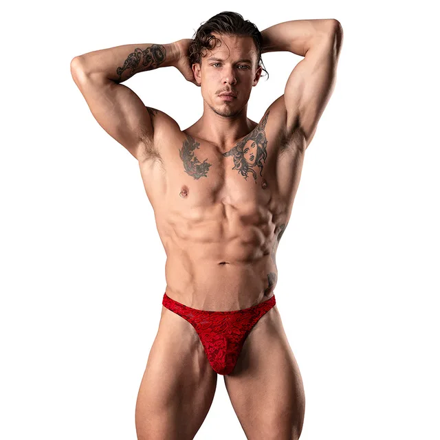 Male model wearing red lace Matchmaker Bong Thong size S/M